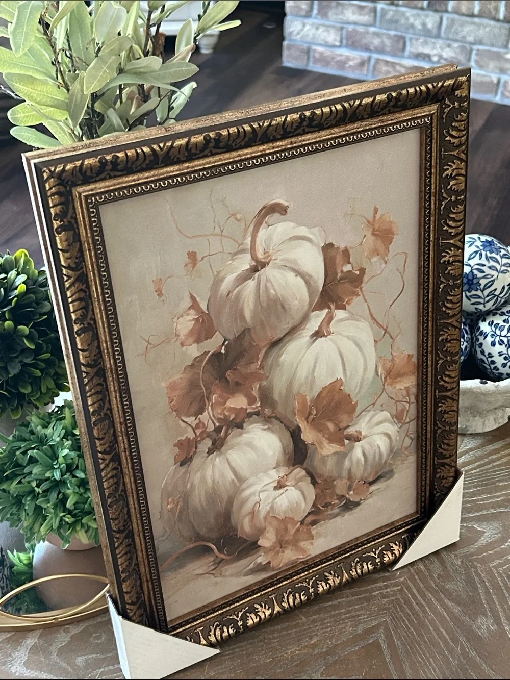 NEW! Vintage Inspired Gold Framed Cinderella White Fall Harvest Pumpkin Art